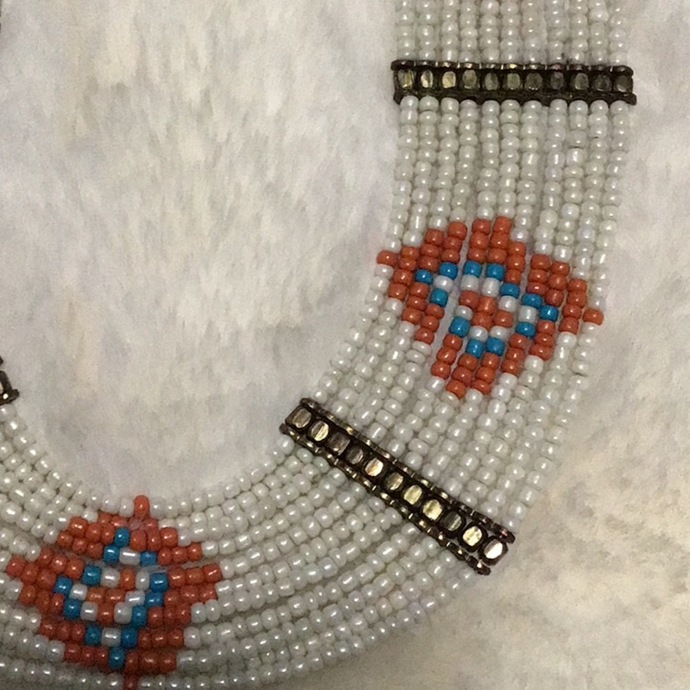 South Western Style Native American Beaded Turquoise and Brass Beaded Necklace - Picture 3 of 8